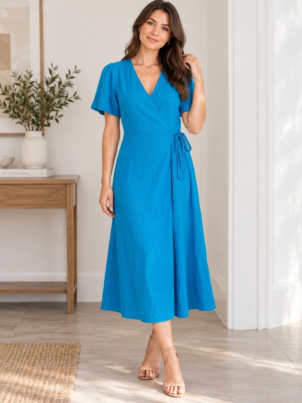LOFT V-Neck Wrap Midi Dress in Bright Blue